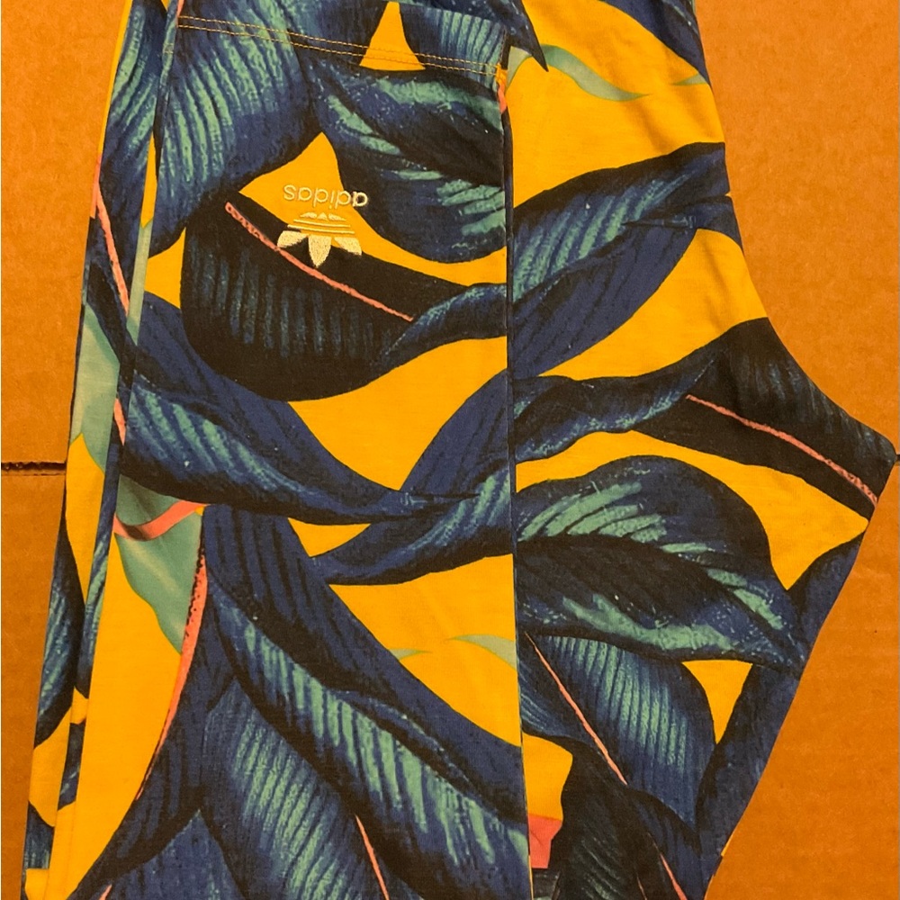 Adidas Tropical Blue Pink Yellow Leaf Print Leggings